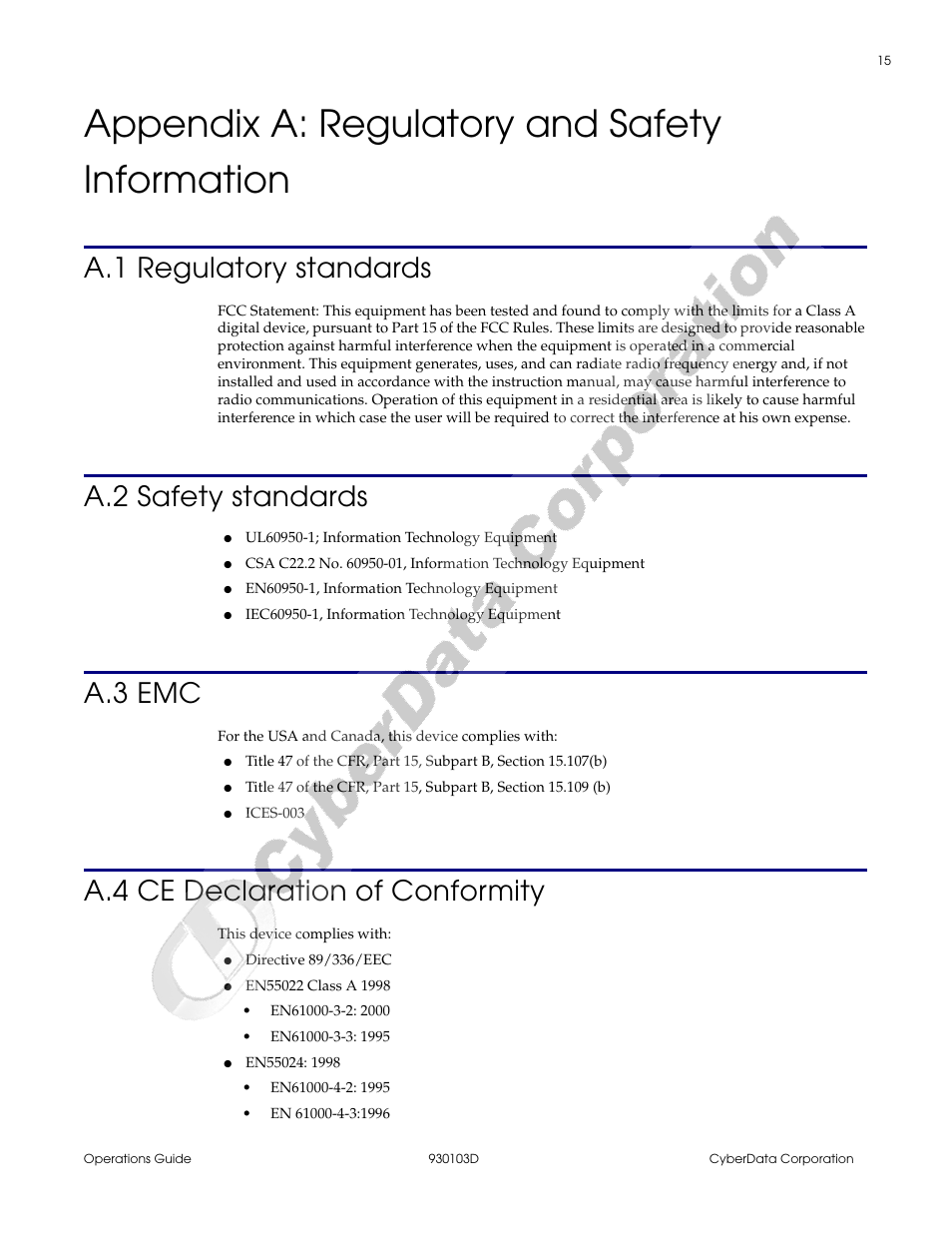 Appendix a: regulatory and safety information, A.1 regulatory standards, A.2 safety standards | A.3 emc, A.4 ce declaration of conformity, Appendix a regulatory and safety information | CyberData Hub User Manual | Page 19 / 26