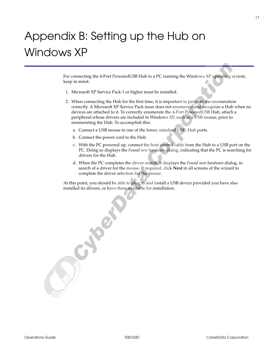 Appendix b: setting up the hub on windows xp, Appendix b setting up the hub on windows xp | CyberData Hub User Manual | Page 21 / 26