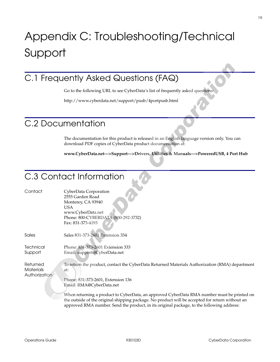 Appendix c: troubleshooting/technical support, C.1 frequently asked questions (faq), C.2 documentation | C.3 contact information, Contact, Sales, Technical support, Returned materials authorization, Appendix c troubleshooting/technical support | CyberData Hub User Manual | Page 23 / 26