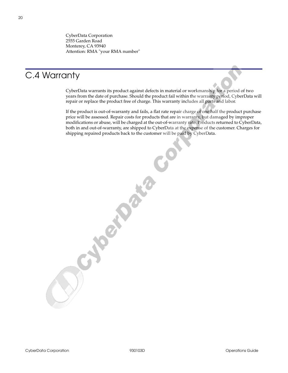 C.4 warranty | CyberData Hub User Manual | Page 24 / 26