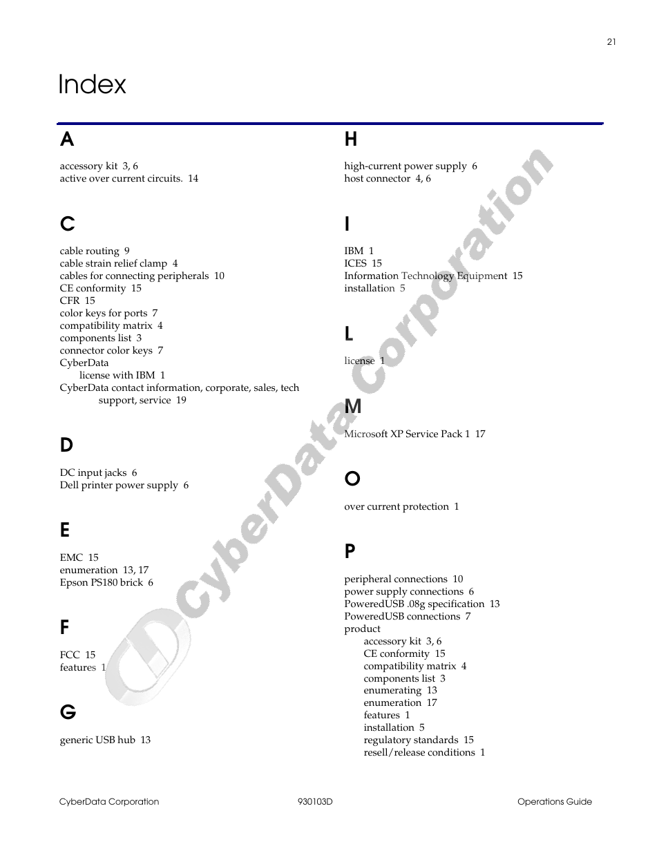 Index, Index 21 | CyberData Hub User Manual | Page 25 / 26