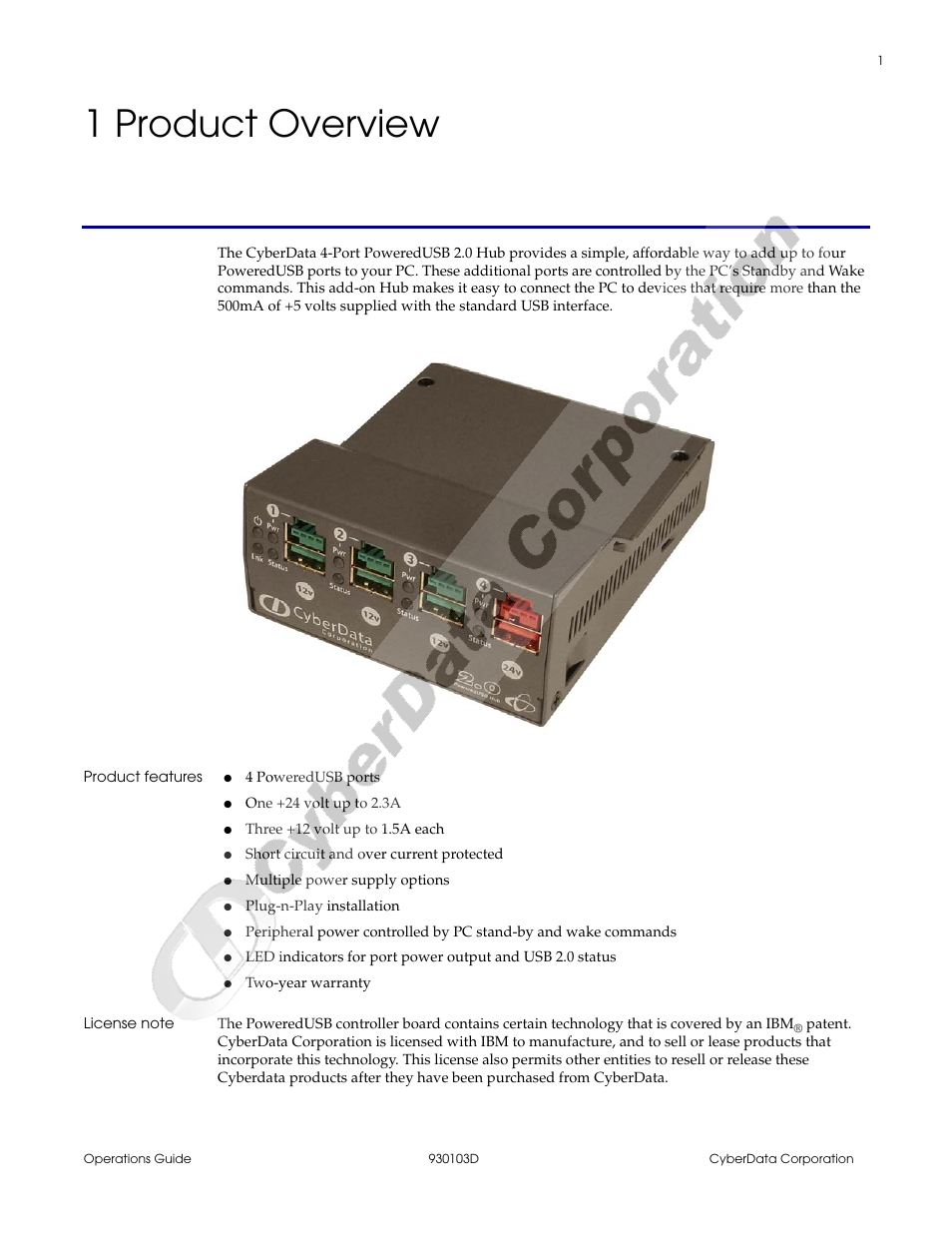 1 product overview, Product features, License note | Chapter 1 product overview | CyberData Hub User Manual | Page 5 / 26