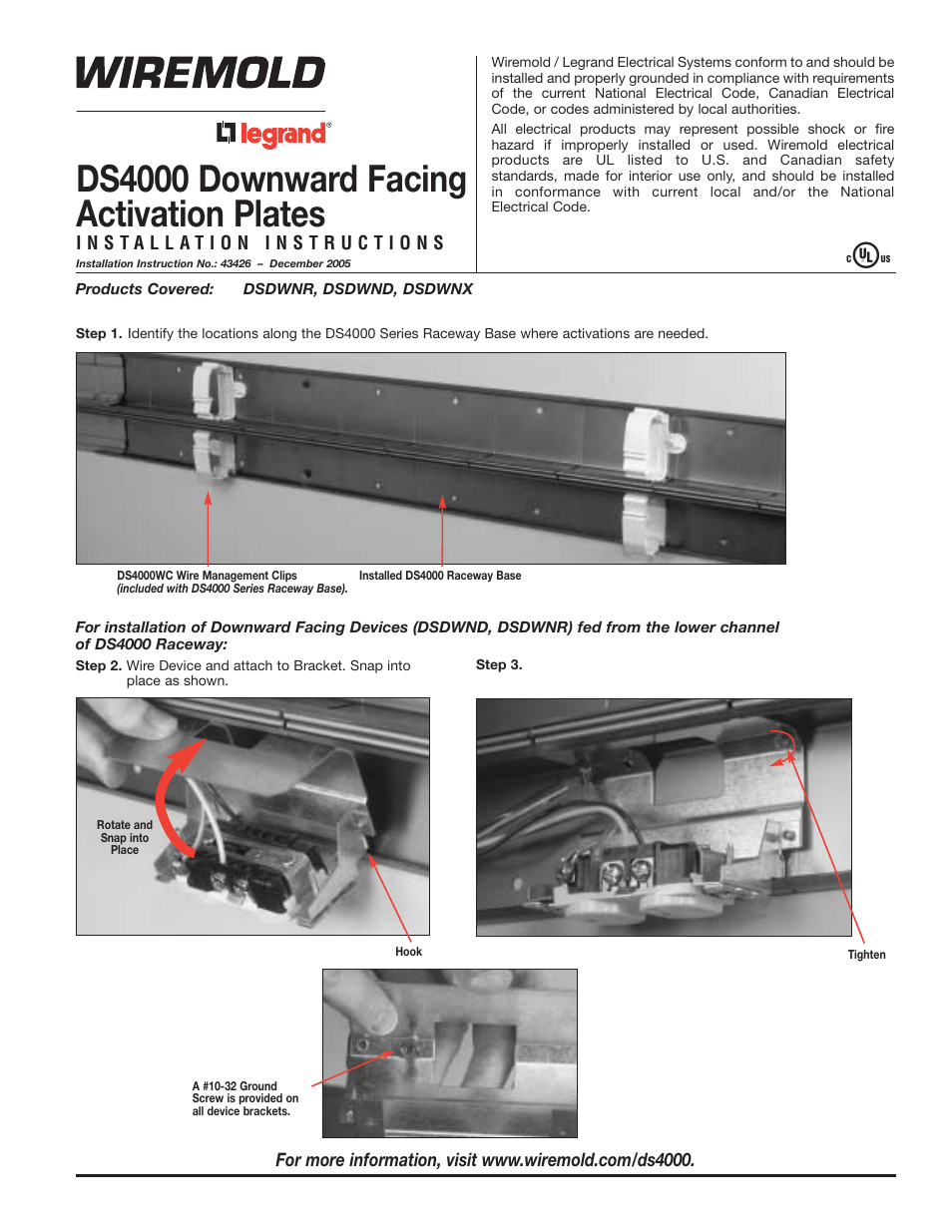 Legrand DS4000 Downward Facing Activation Plates User Manual | 4 pages