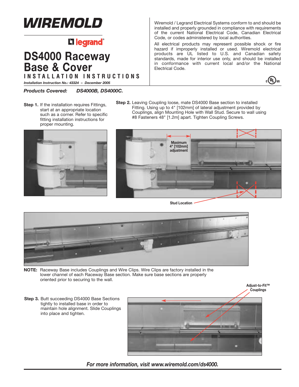 Legrand DS4000 Raceway Base User Manual | 4 pages