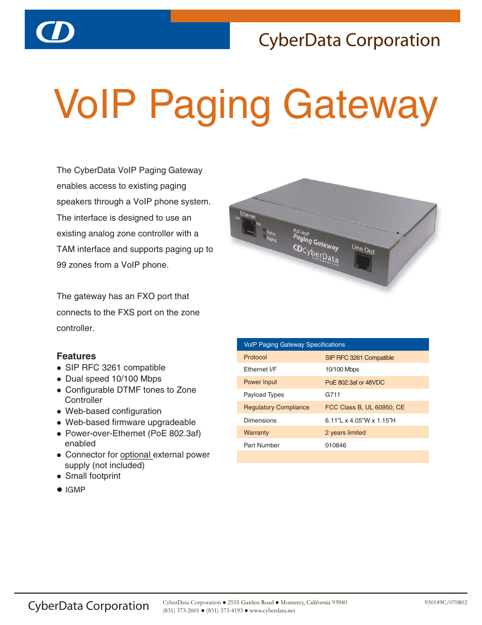 CyberData VoIP Paging Gateway User Manual | 2 pages