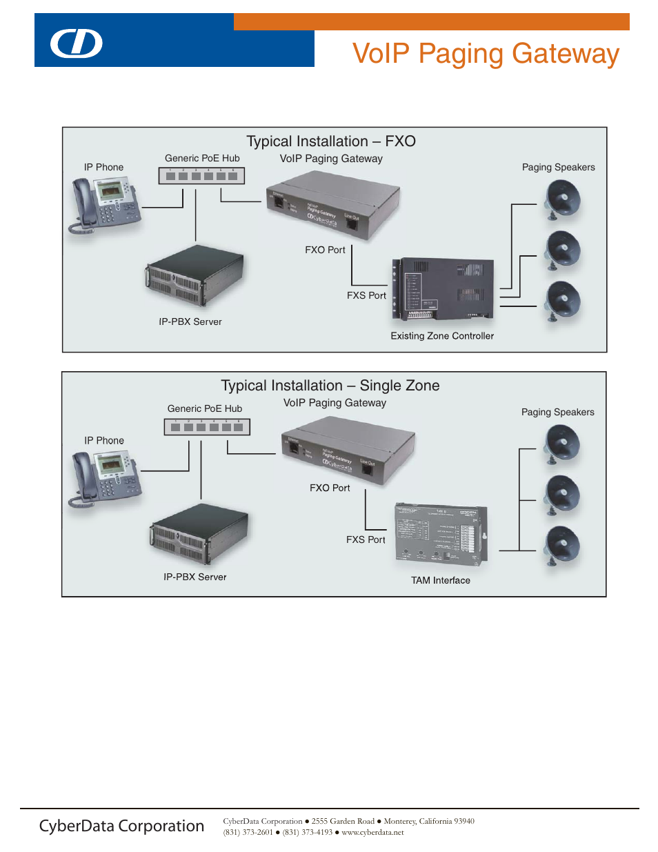 Voip paging gateway, Cyberdata corporation, Typical installation – fxo | Typical installation – single zone | CyberData VoIP Paging Gateway User Manual | Page 2 / 2