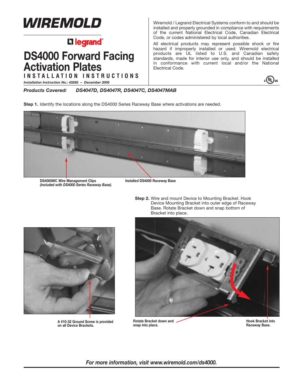 Legrand DS4000 Forward Facing Activation Plates User Manual | 4 pages