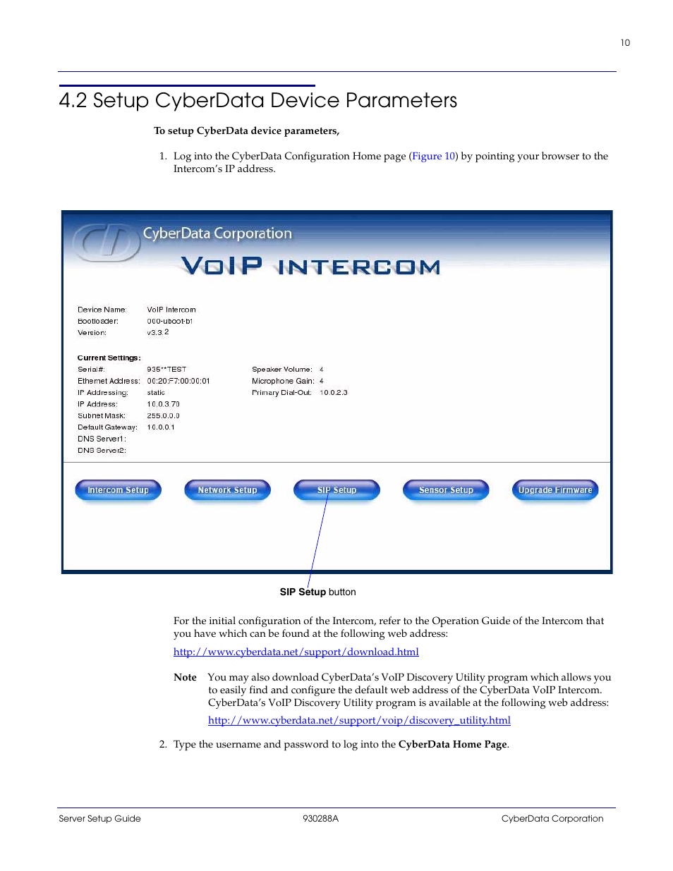 2 setup cyberdata device parameters, Section 4.2, "setup cyberdata device, Parameters | CyberData 3COM VCX PBX User Manual | Page 10 / 13