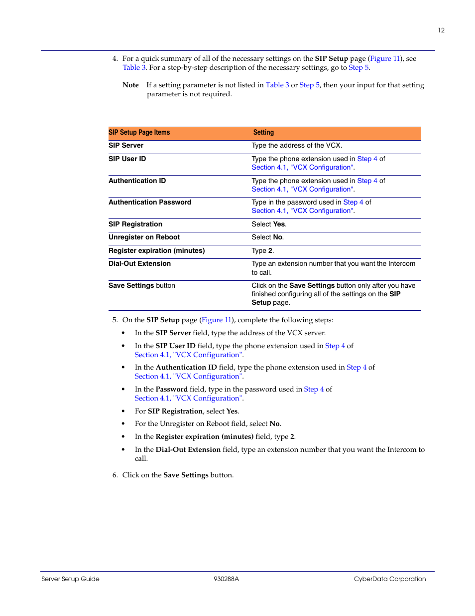 Table 3, Step 5 | CyberData 3COM VCX PBX User Manual | Page 12 / 13