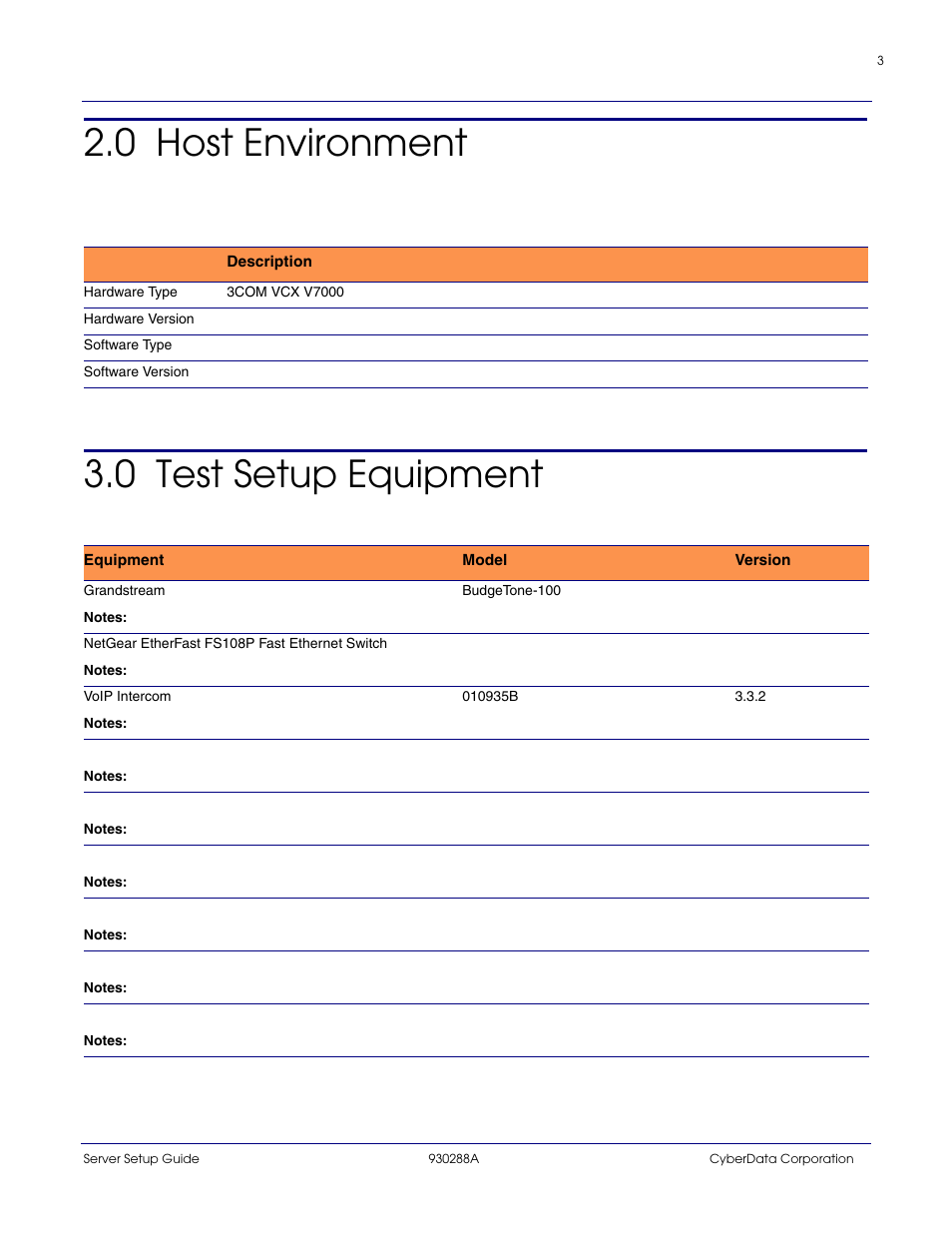0 host environment, 0 test setup equipment, 0 host environment 3.0 test setup equipment | CyberData 3COM VCX PBX User Manual | Page 3 / 13