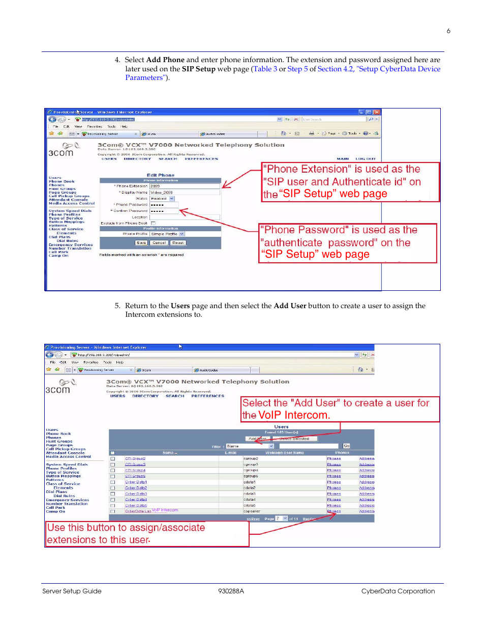 Sip setup” web page, Voip intercom | CyberData 3COM VCX PBX User Manual | Page 6 / 13