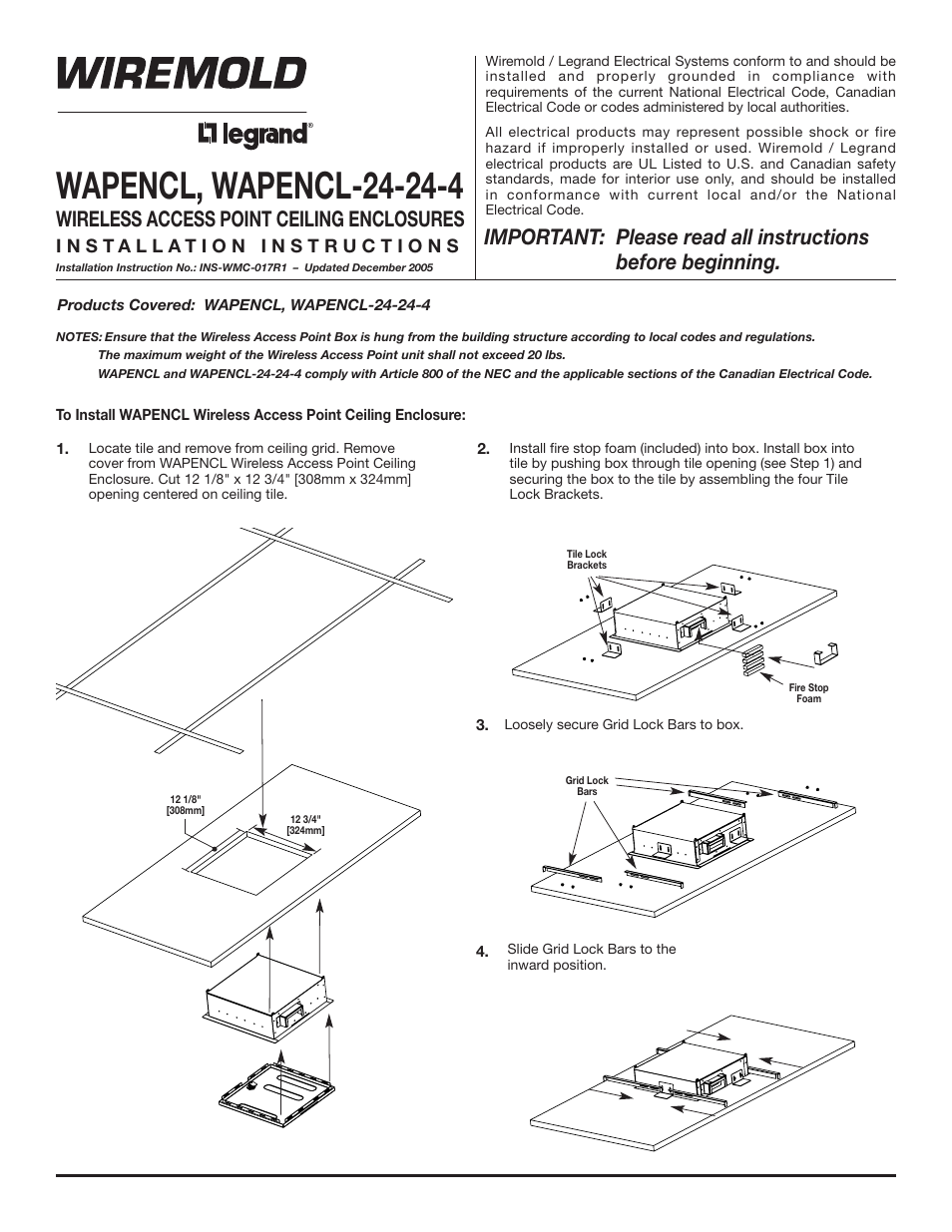 Legrand WAPENCL Wireless Access Point Ceiling Enclosures User Manual | 4 pages