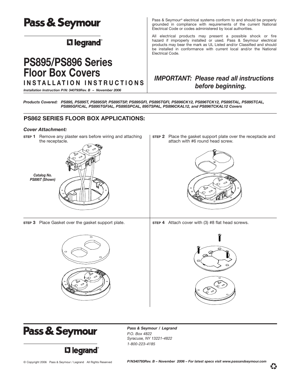 Legrand PS895 Series Floor Box Covers User Manual | 2 pages