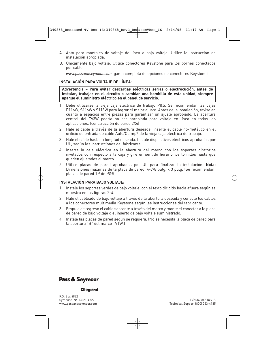 Legrand TV1WBK User Manual | Page 4 / 4