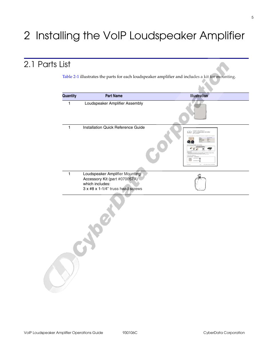2 installing the voip loudspeaker amplifier, 1 parts list | CyberData Part #010861 User Manual | Page 11 / 44