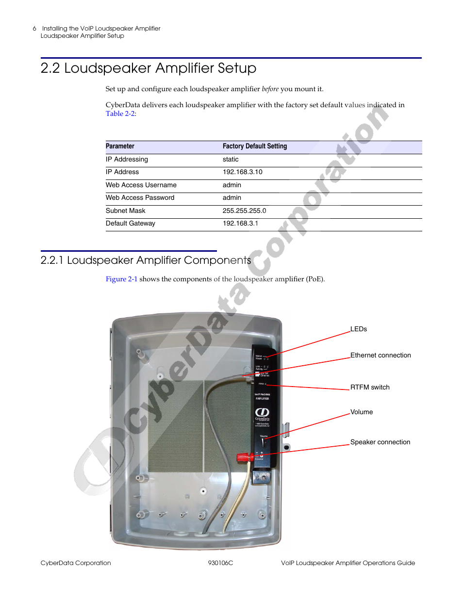 2 loudspeaker amplifier setup, 1 loudspeaker amplifier components | CyberData Part #010861 User Manual | Page 12 / 44