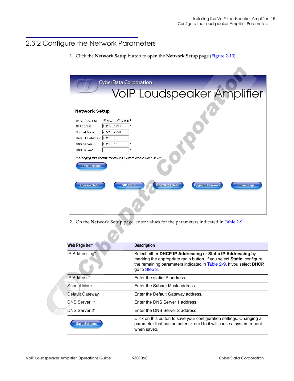 2 configure the network parameters, Voip loudspeaker amplifier | CyberData Part #010861 User Manual | Page 21 / 44