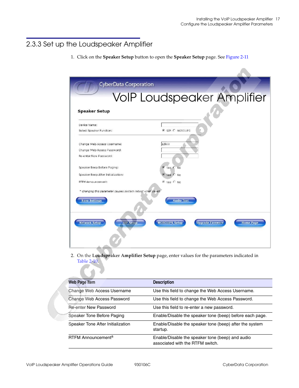 3 set up the loudspeaker amplifier, Voip loudspeaker amplifier | CyberData Part #010861 User Manual | Page 23 / 44