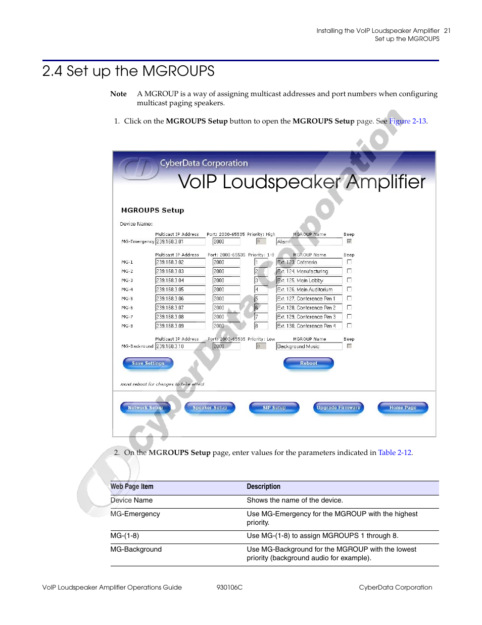 4 set up the mgroups, Voip loudspeaker amplifier | CyberData Part #010861 User Manual | Page 27 / 44