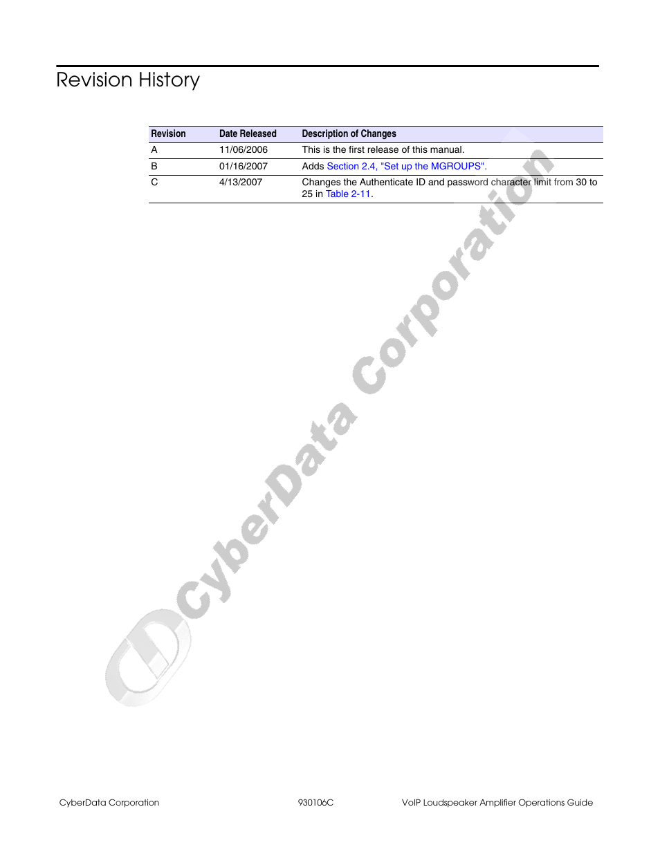 Revision history | CyberData Part #010861 User Manual | Page 3 / 44