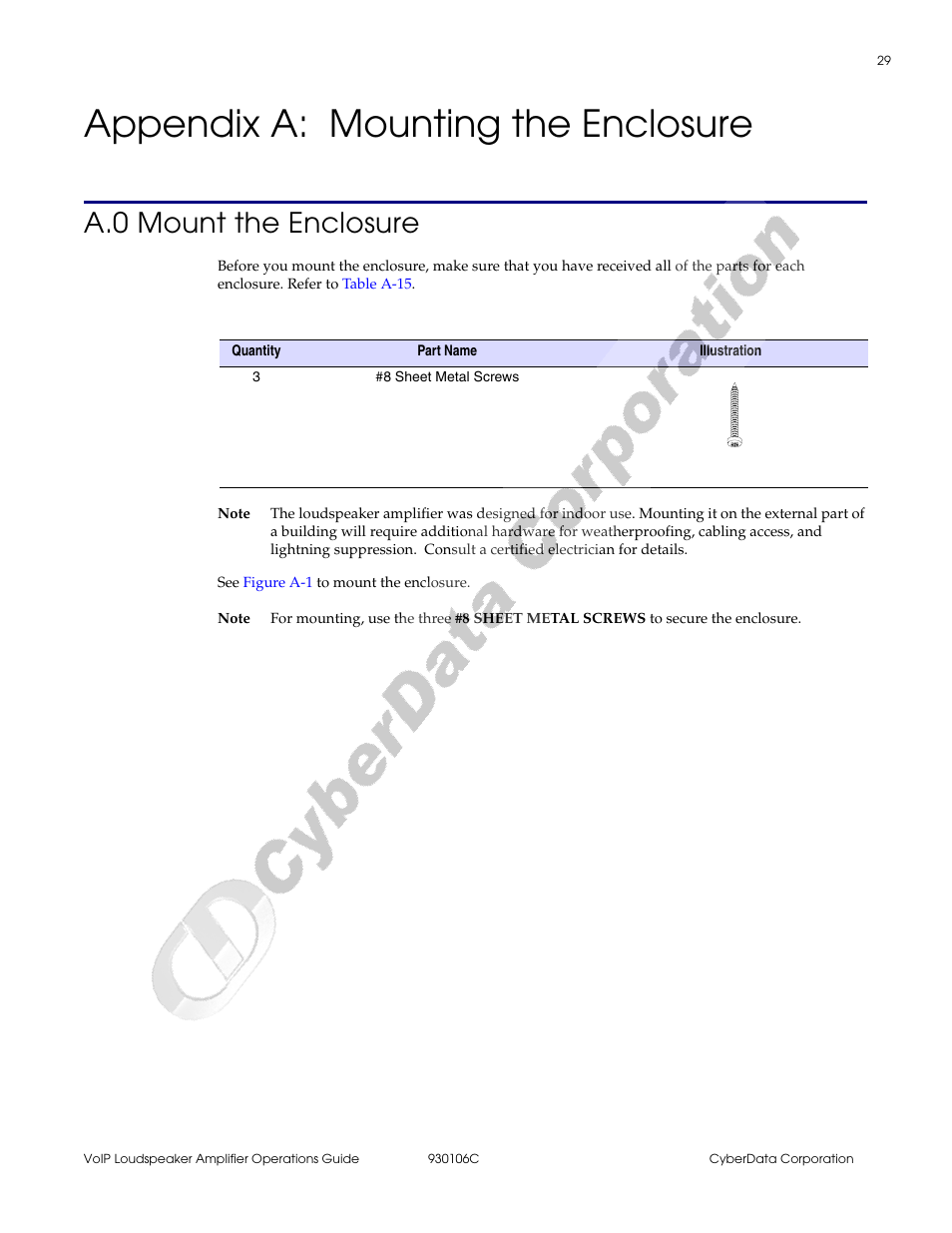 Appendix a: mounting the enclosure, A.0 mount the enclosure, Appendix a mounting the enclosure | Fer to, Chapter a, “mounting the enclosure | CyberData Part #010861 User Manual | Page 35 / 44