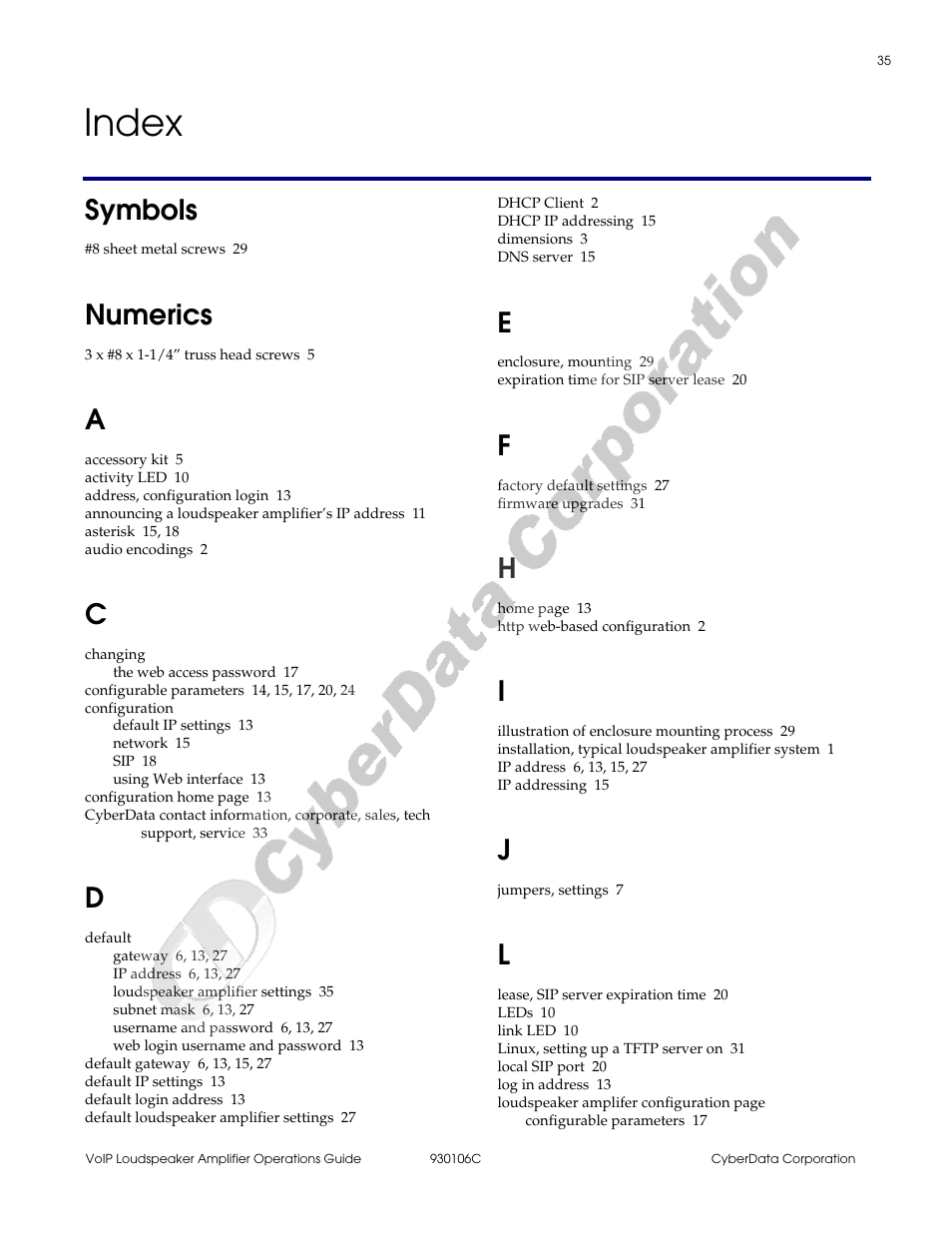 Index, Index 35, Symbols | Numerics | CyberData Part #010861 User Manual | Page 41 / 44