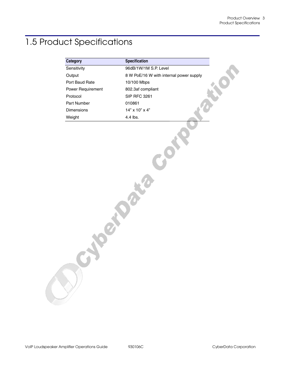 5 product specifications | CyberData Part #010861 User Manual | Page 9 / 44