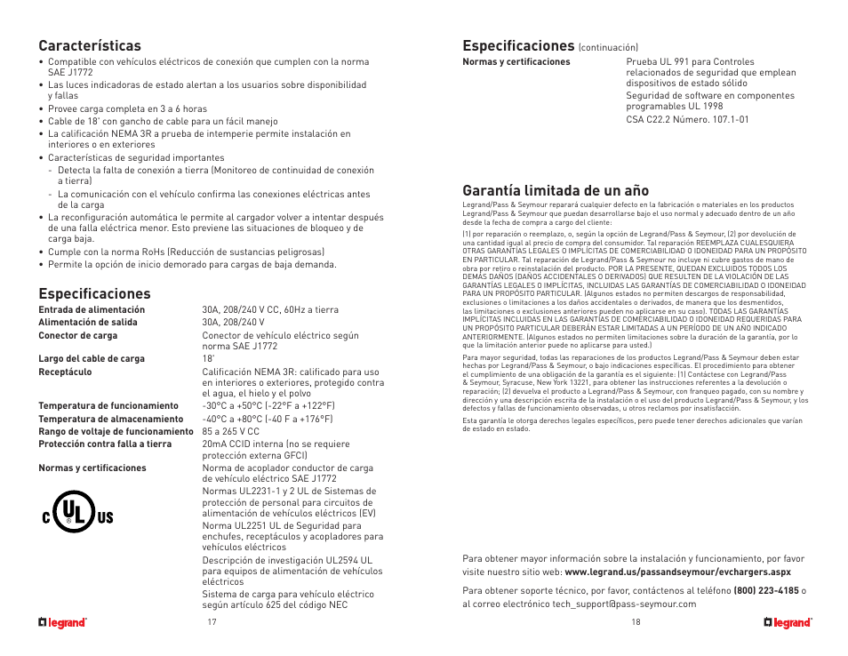 Especificaciones, Características, Garantía limitada de un año | Legrand L2EVSE30 User Guide User Manual | Page 10 / 10