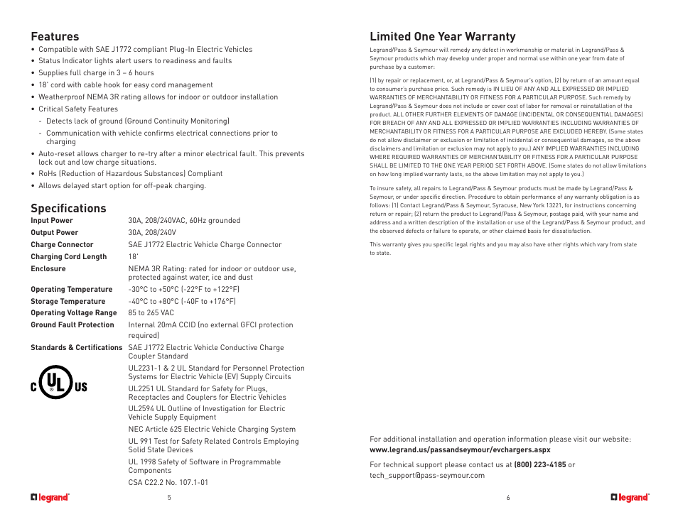 Features, Specifications, Limited one year warranty | Legrand L2EVSE30 User Guide User Manual | Page 4 / 10