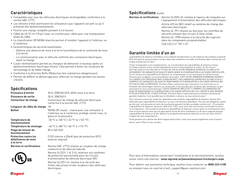 Caractéristiques, Spécifications, Garantie limitée d’un an | Legrand L2EVSE30 User Guide User Manual | Page 7 / 10