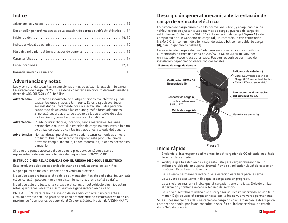 Índice, Advertencias y notas, Inicio rápido | Legrand L2EVSE30 User Guide User Manual | Page 8 / 10