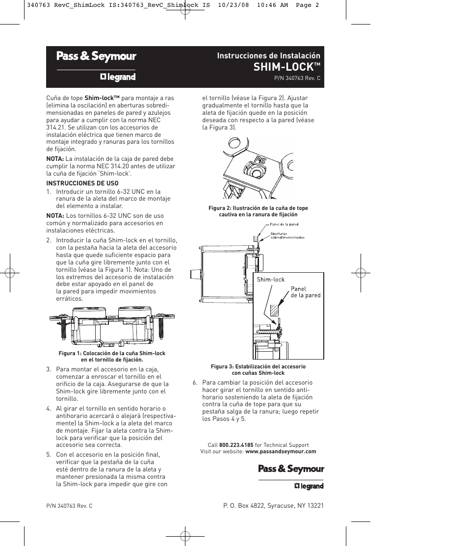 Shim-lock | Legrand SHL100 User Manual | Page 2 / 2