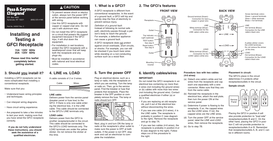 Legrand 1595H Series GFCI Receptacle User Manual | 2 pages