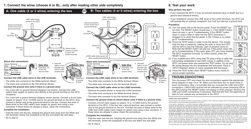 Test your work, A: one cable (2 or 3 wires) entering the box, Troubleshooting | Side wire, Back wire | Legrand 1595H Series GFCI Receptacle User Manual | Page 2 / 2