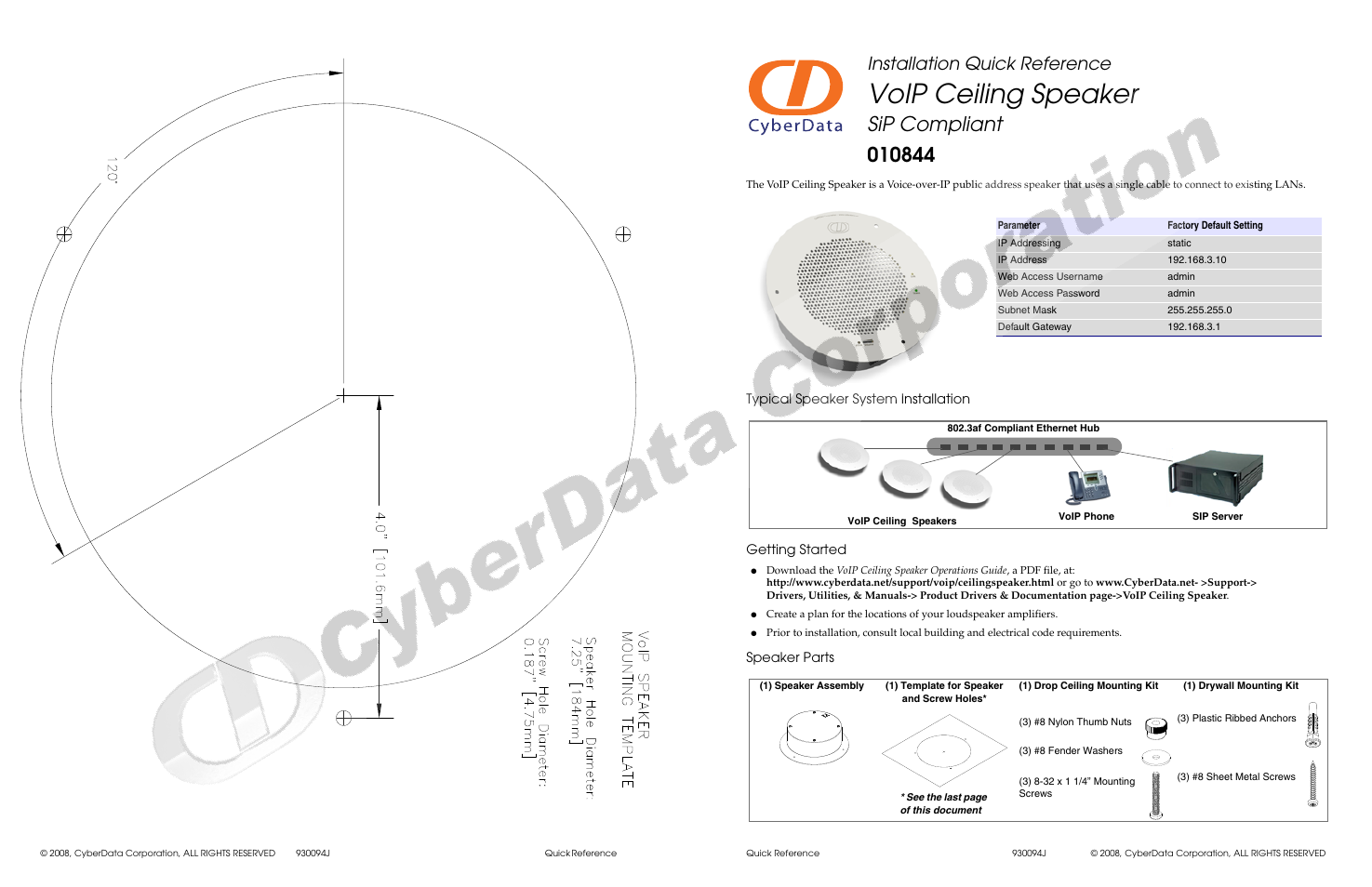 CyberData 010844 User Manual | 2 pages