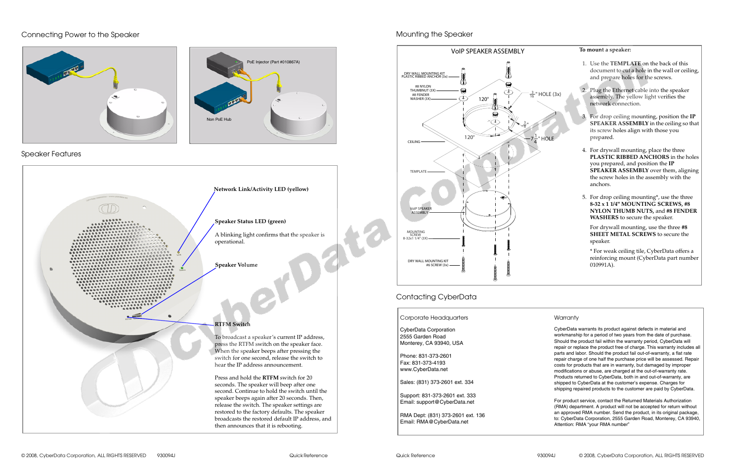 Mounting the speaker contacting cyberdata, Connecting power to the speaker speaker features, Voip speaker assembly | CyberData 010844 User Manual | Page 2 / 2