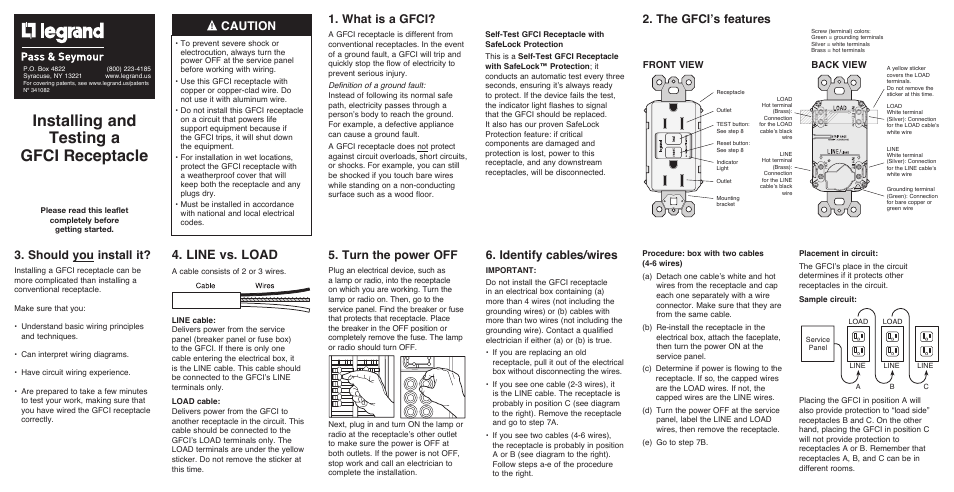 Legrand 1595H Series GFCI Receptacle Rev.B User Manual | 2 pages