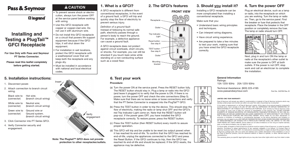 Legrand PT2095HG  Series PlugTail GFCI Receptacle User Manual | 1 page