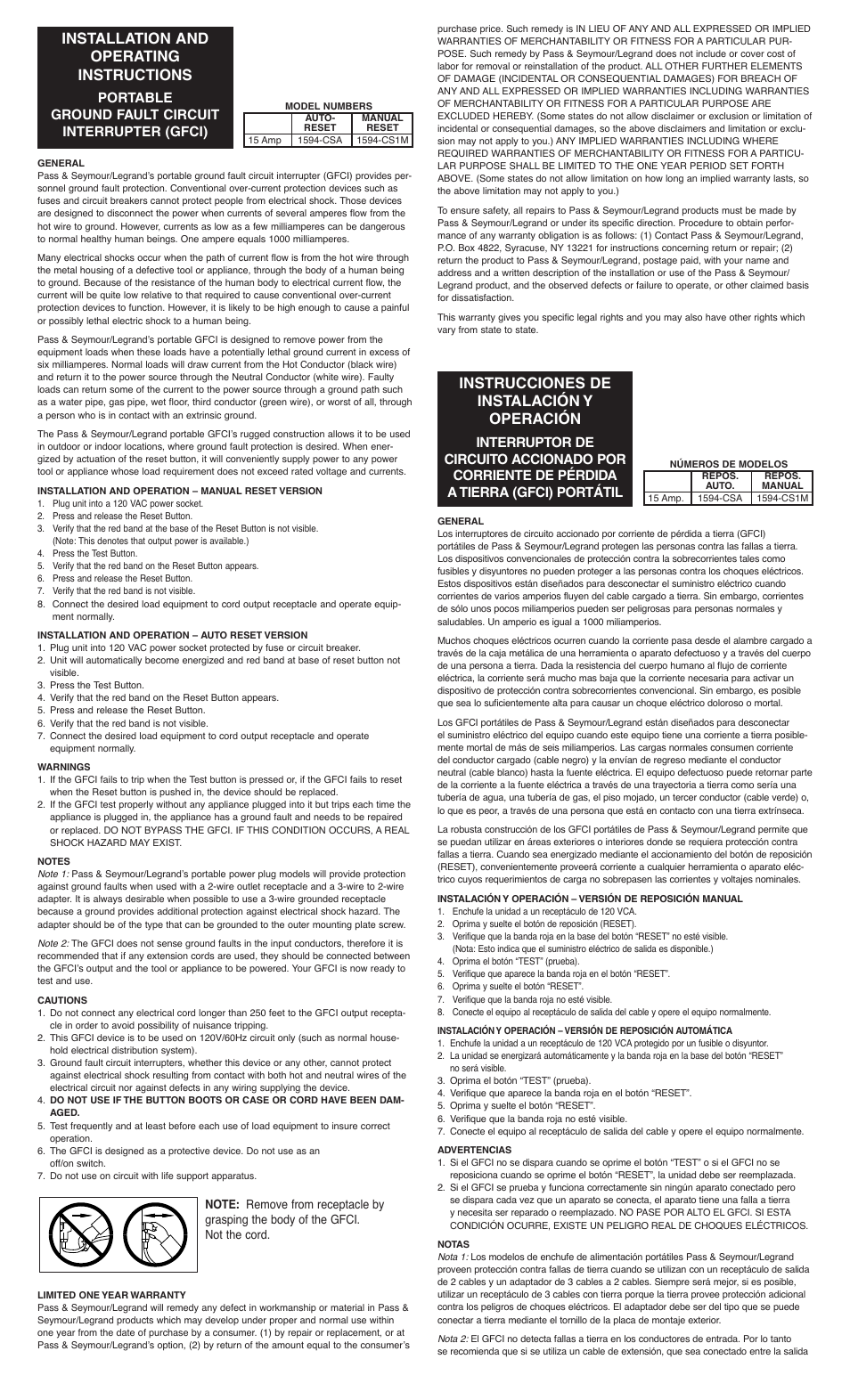 Legrand 1594CSA Portable Ground Fault Circuit Interrupter (GFCI) User Manual | 2 pages