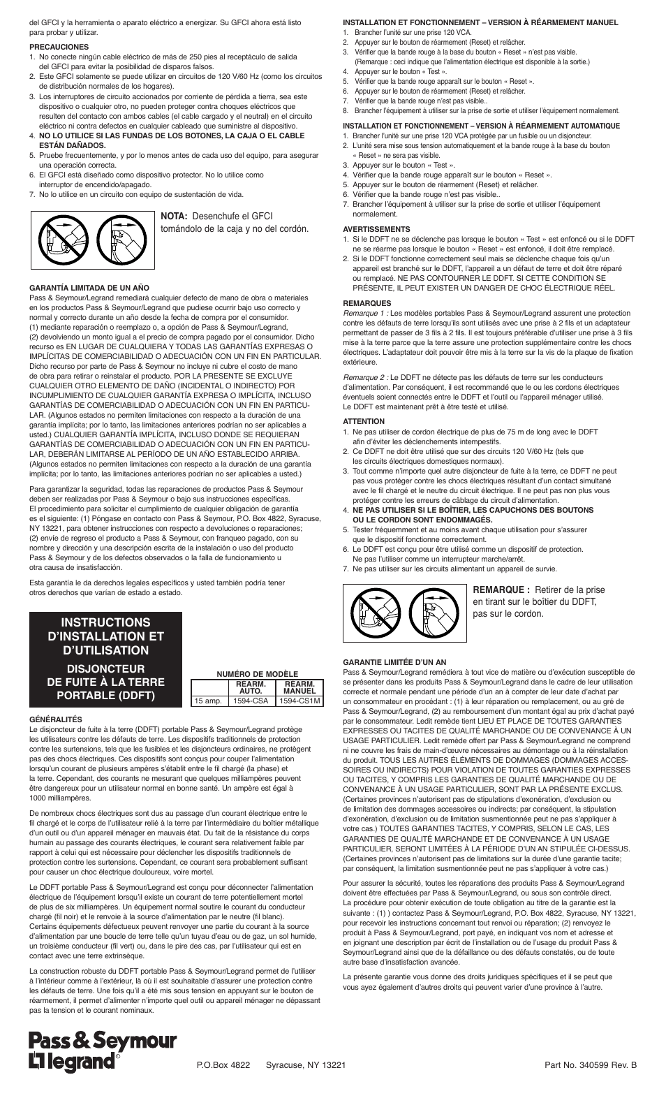 Instructions d’installation et d’utilisation, Disjoncteur de fuite à la terre portable (ddft) | Legrand 1594CSA Portable Ground Fault Circuit Interrupter (GFCI) User Manual | Page 2 / 2