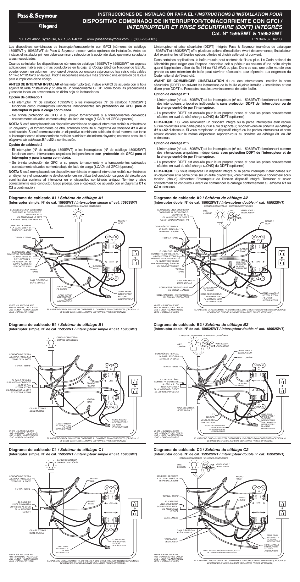 Diagrama de cableado a1 / schéma de câblage a1, Diagrama de cableado a2 / schéma de câblage a2, Diagrama de cableado b1 / schéma de câblage b1 | Diagrama de cableado c1 / schéma de câblage c1, Diagrama de cableado b2 / schéma de câblage b2, Diagrama de cableado c2 / schéma de câblage c2, Load, Diagrama de cableado, Diagrama, Schéma de câblage | Legrand 1595SWT User Manual | Page 2 / 2