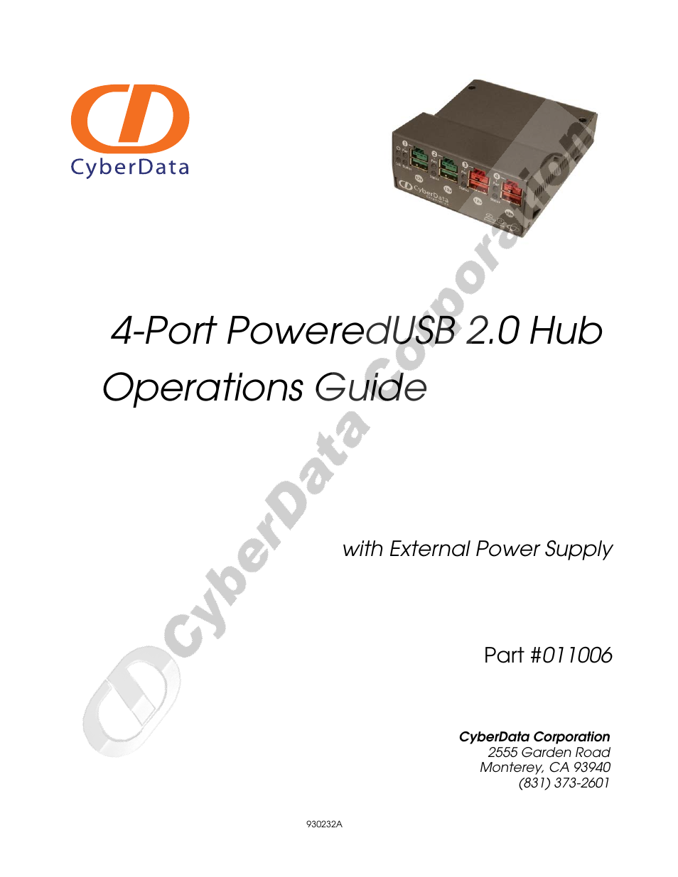 CyberData 4-Port PoweredUSB 2.0 Hub 011006 User Manual | 24 pages