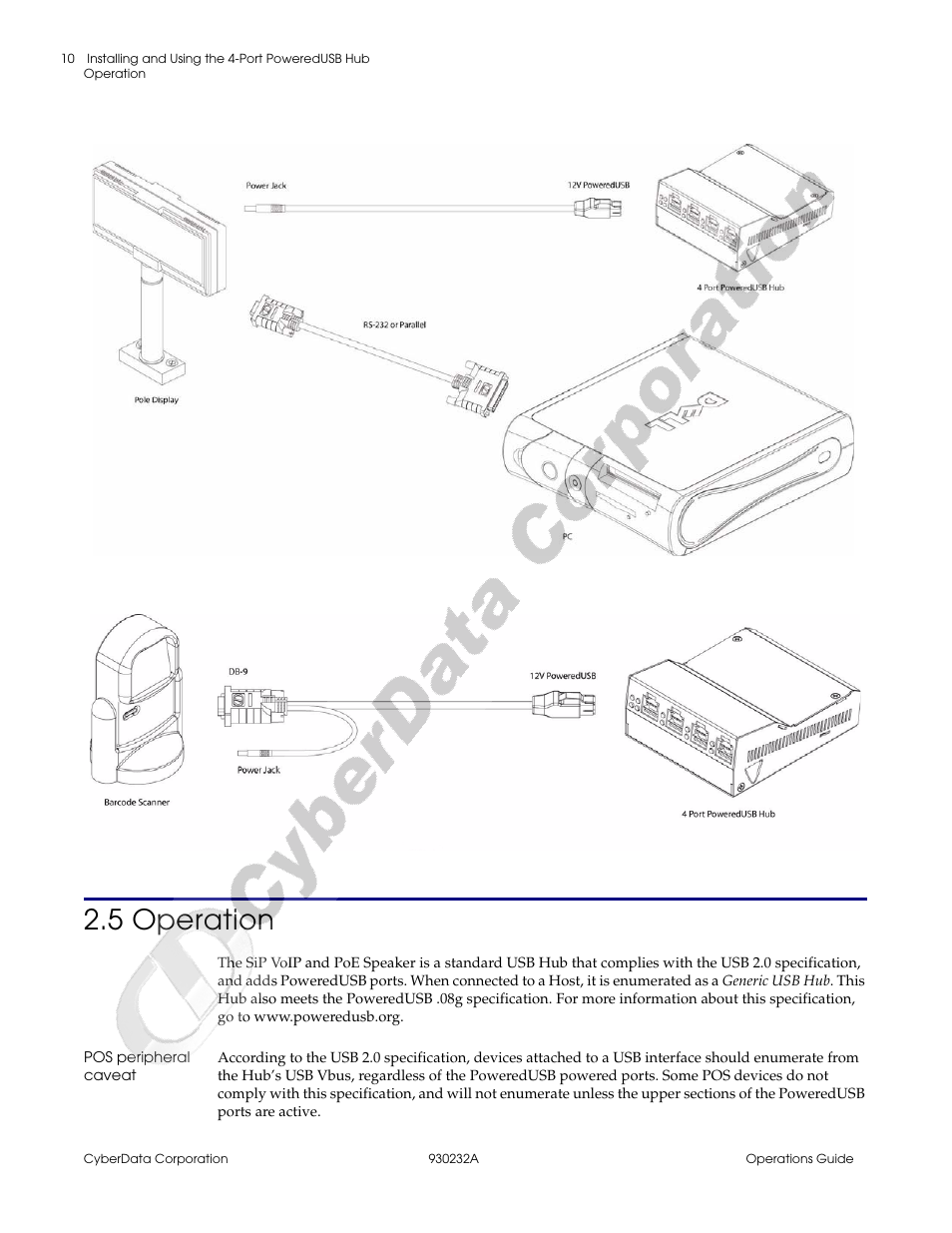 5 operation, Pos peripheral caveat | CyberData 4-Port PoweredUSB 2.0 Hub 011006 User Manual | Page 14 / 24