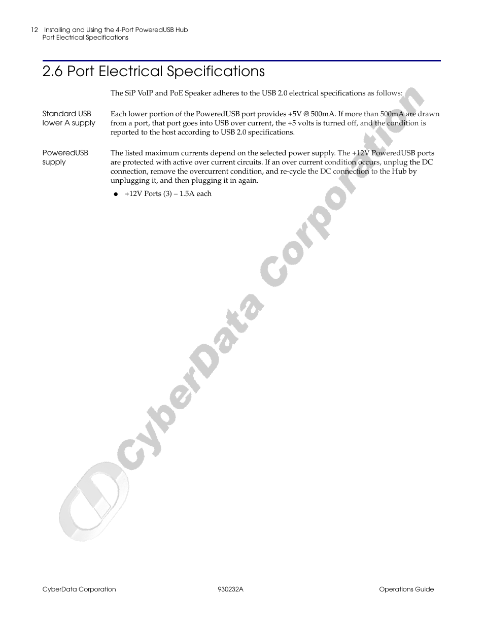 6 port electrical specifications, Standard usb lower a supply, Poweredusb supply | CyberData 4-Port PoweredUSB 2.0 Hub 011006 User Manual | Page 16 / 24