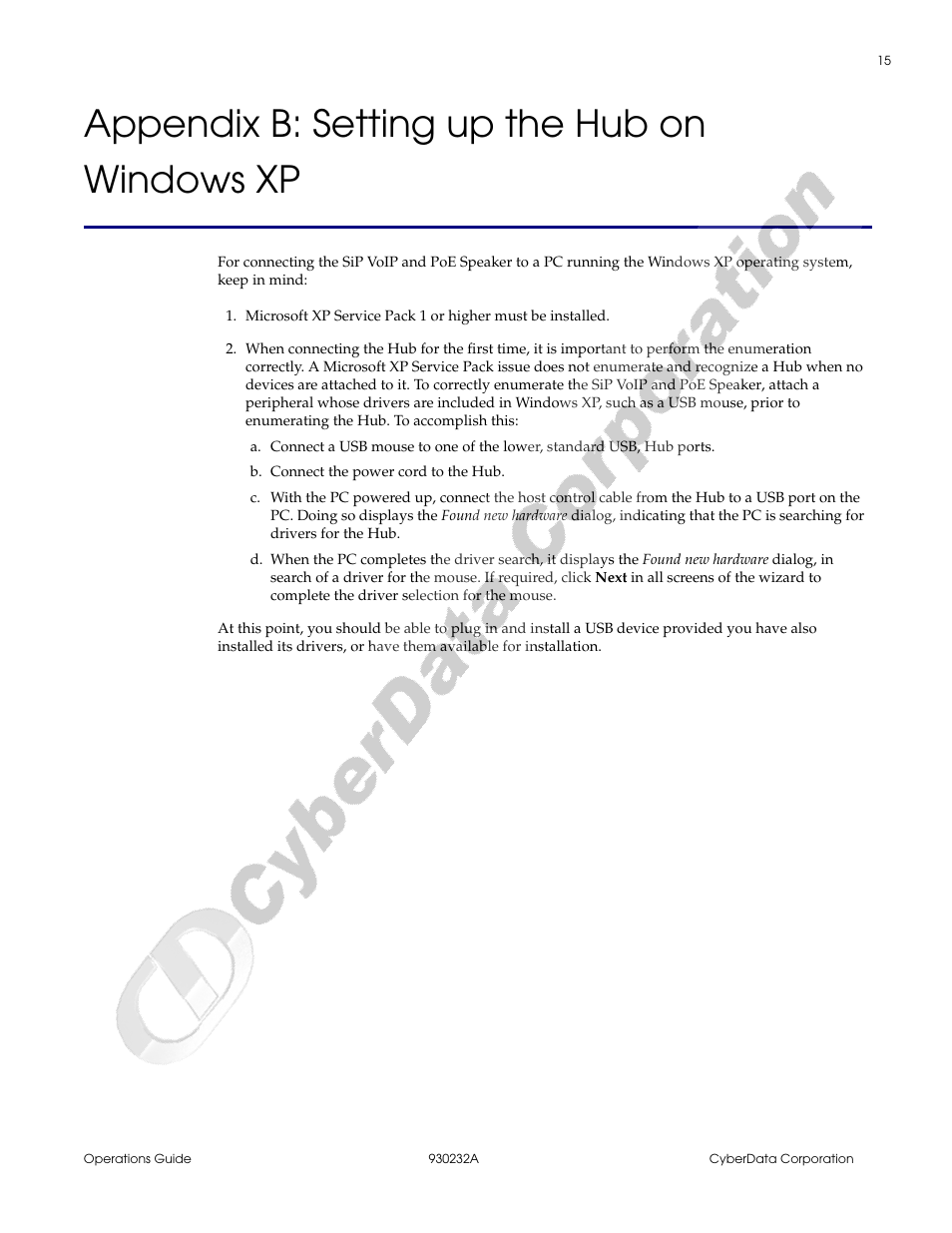 Appendix b: setting up the hub on windows xp, Appendix b setting up the hub on windows xp | CyberData 4-Port PoweredUSB 2.0 Hub 011006 User Manual | Page 19 / 24