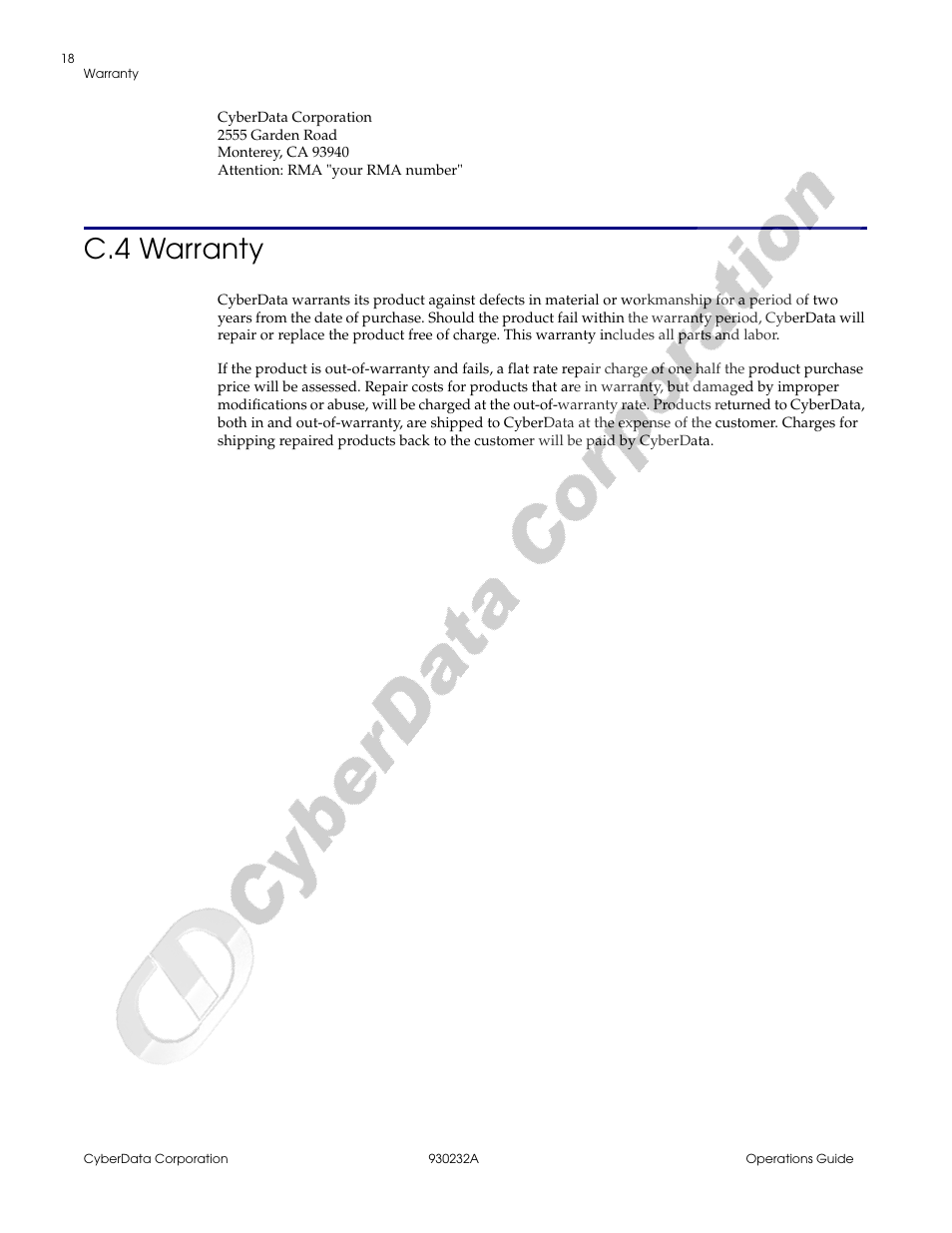 C.4 warranty | CyberData 4-Port PoweredUSB 2.0 Hub 011006 User Manual | Page 22 / 24