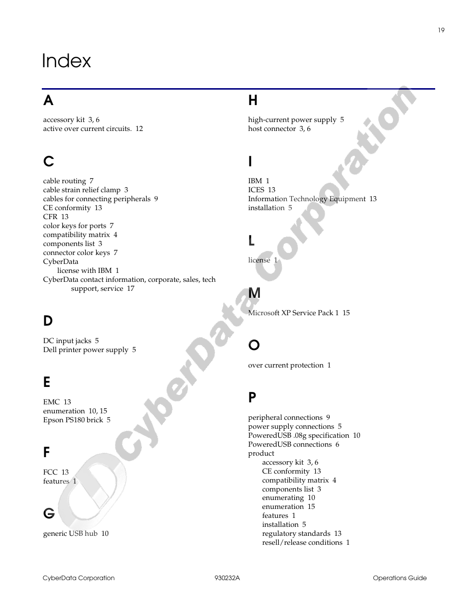 Index, Index 19 | CyberData 4-Port PoweredUSB 2.0 Hub 011006 User Manual | Page 23 / 24