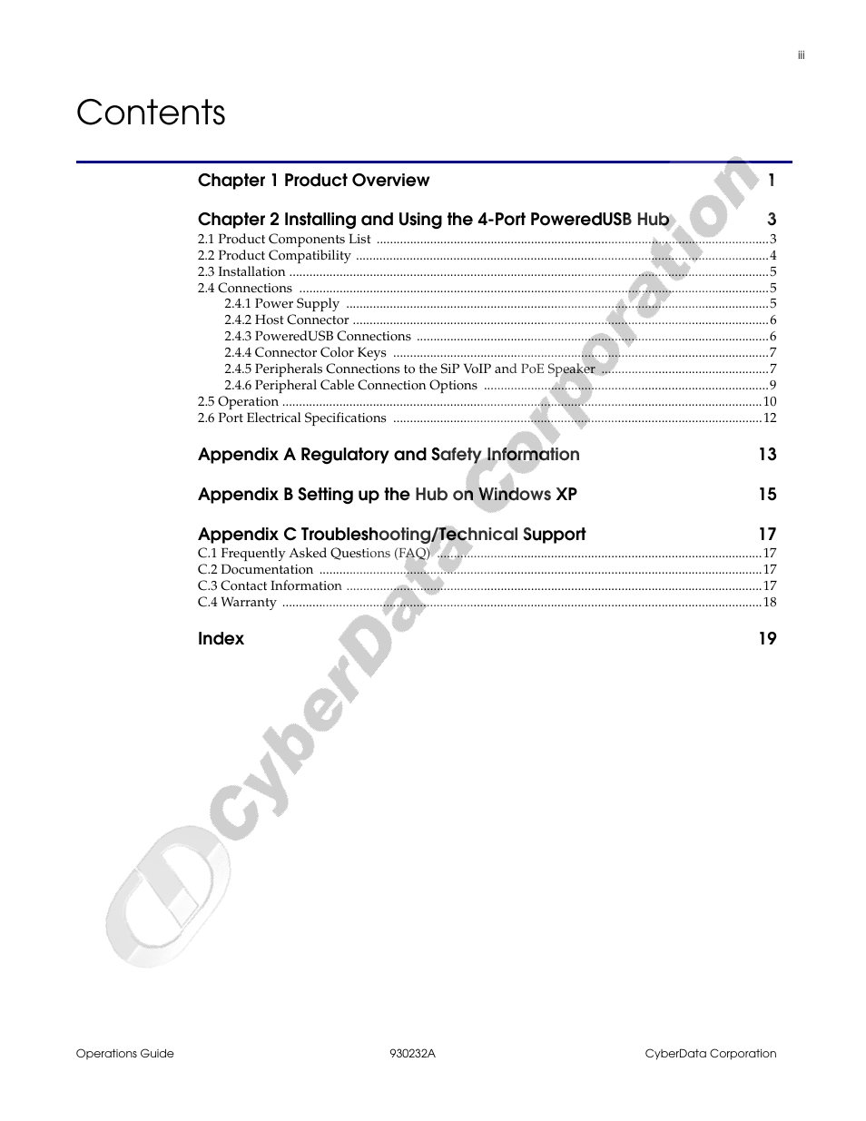 CyberData 4-Port PoweredUSB 2.0 Hub 011006 User Manual | Page 3 / 24