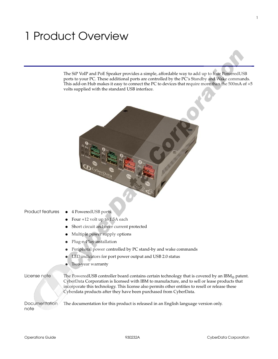 1 product overview, Product features, License note | Documentation note, Chapter 1 product overview | CyberData 4-Port PoweredUSB 2.0 Hub 011006 User Manual | Page 5 / 24