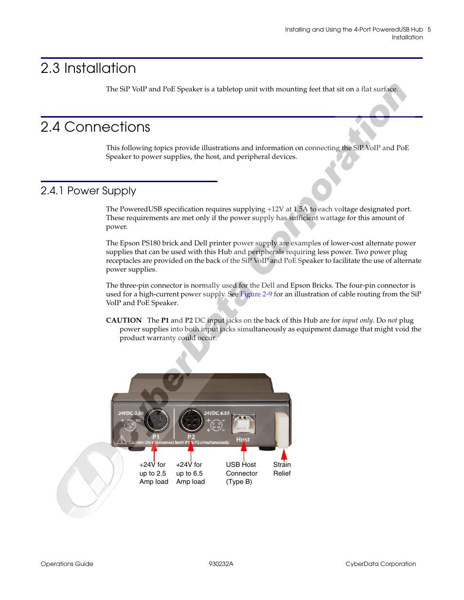 3 installation, 4 connections, 1 power supply | 3 installation 2.4 connections | CyberData 4-Port PoweredUSB 2.0 Hub 011006 User Manual | Page 9 / 24